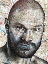Load image into Gallery viewer, Tyson Fury; Gypsy King Art Print. Pen drawing over map of Manchester. A4 Unframed.
