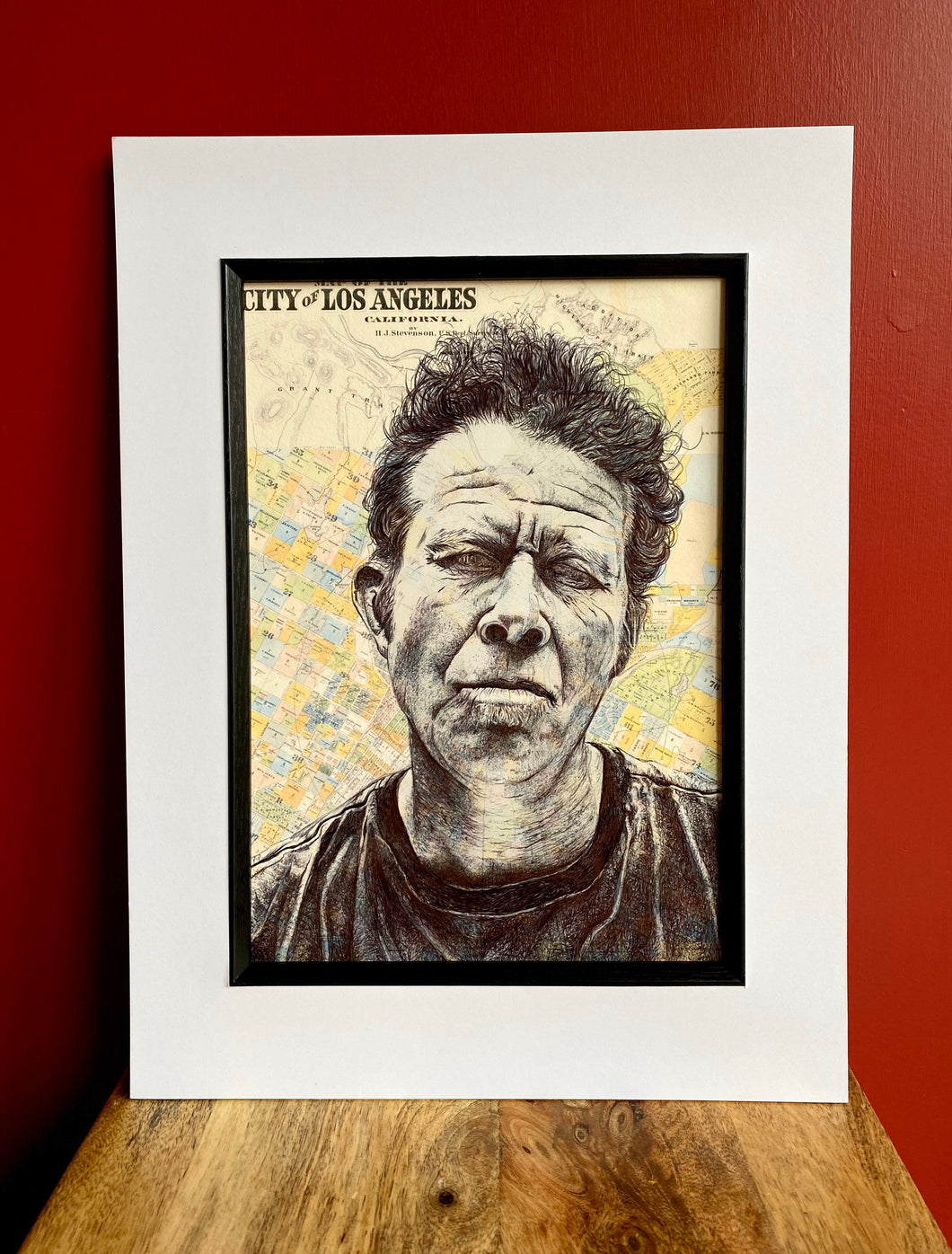 Tom Waits Art Print. Pen drawing over a map of Los Angeles. A4 Unframed