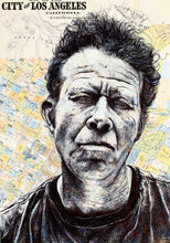 Load image into Gallery viewer, Tom Waits Art Print. Pen drawing over a map of Los Angeles. A4 Unframed
