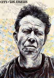 Tom Waits Art Print. Pen drawing over a map of Los Angeles. A4 Unframed