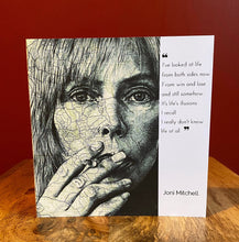 Load image into Gallery viewer, Joni Mitchell Greeting Card. Pen drawing over map. Blank inside
