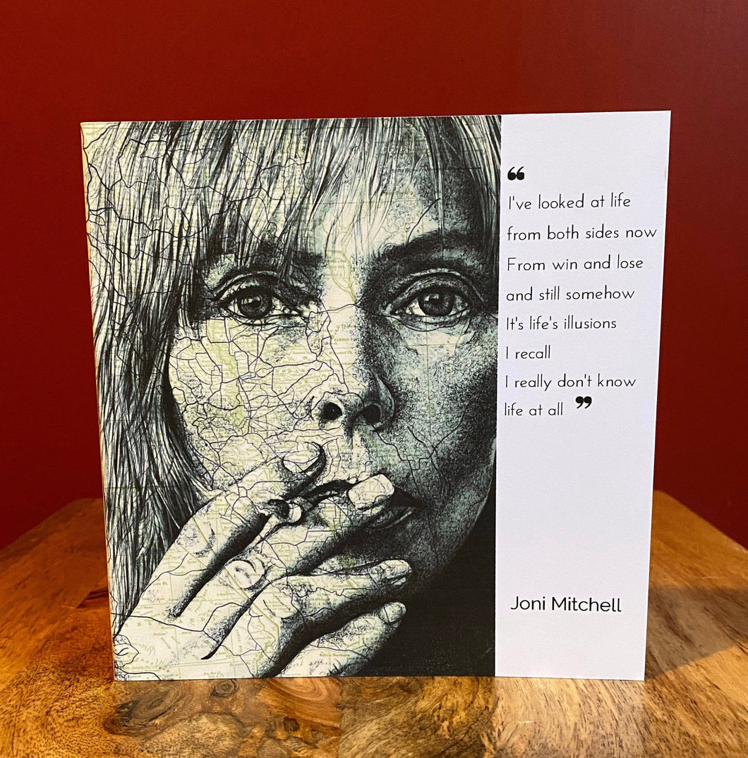 Joni Mitchell Greeting Card. Pen drawing over map. Blank inside