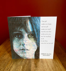 Grace Slick, White Rabbit Greeting Card.Printed drawing over map Illinois. Blank inside.
