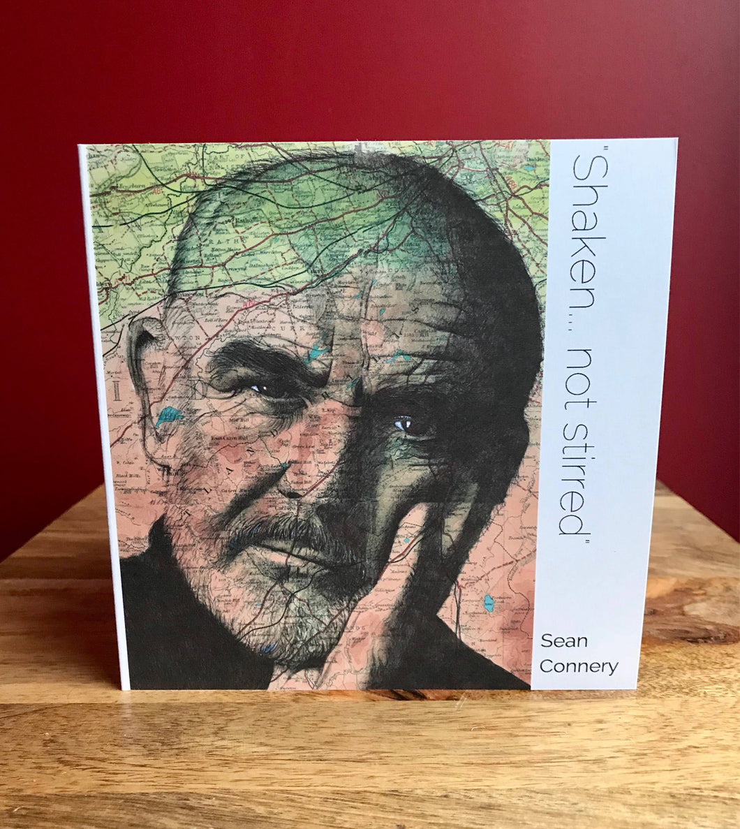 Sean Connery Birthday/ Greeting card. Printed drawing over map. Blank inside