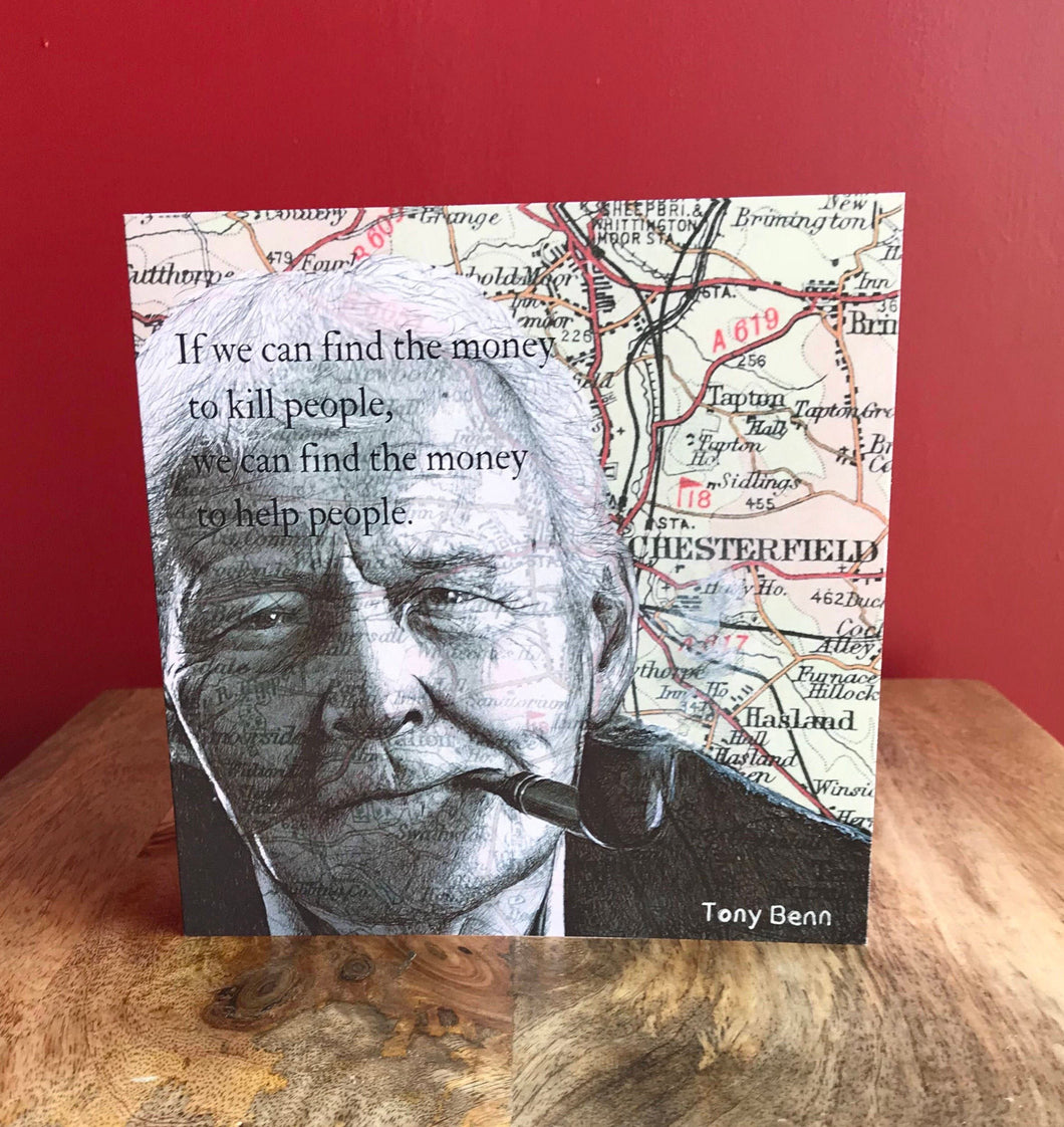 Tony Benn Greeting Card. Printed drawing over map of Chesterfield. Blank Inside.