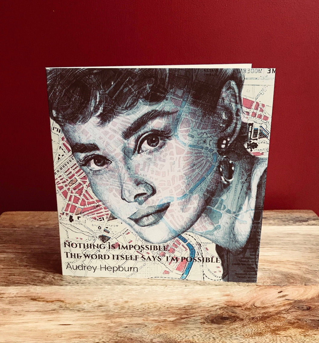 Audrey Hepburn Inspired Greeting Card. Pen drawing over map. Blank inside