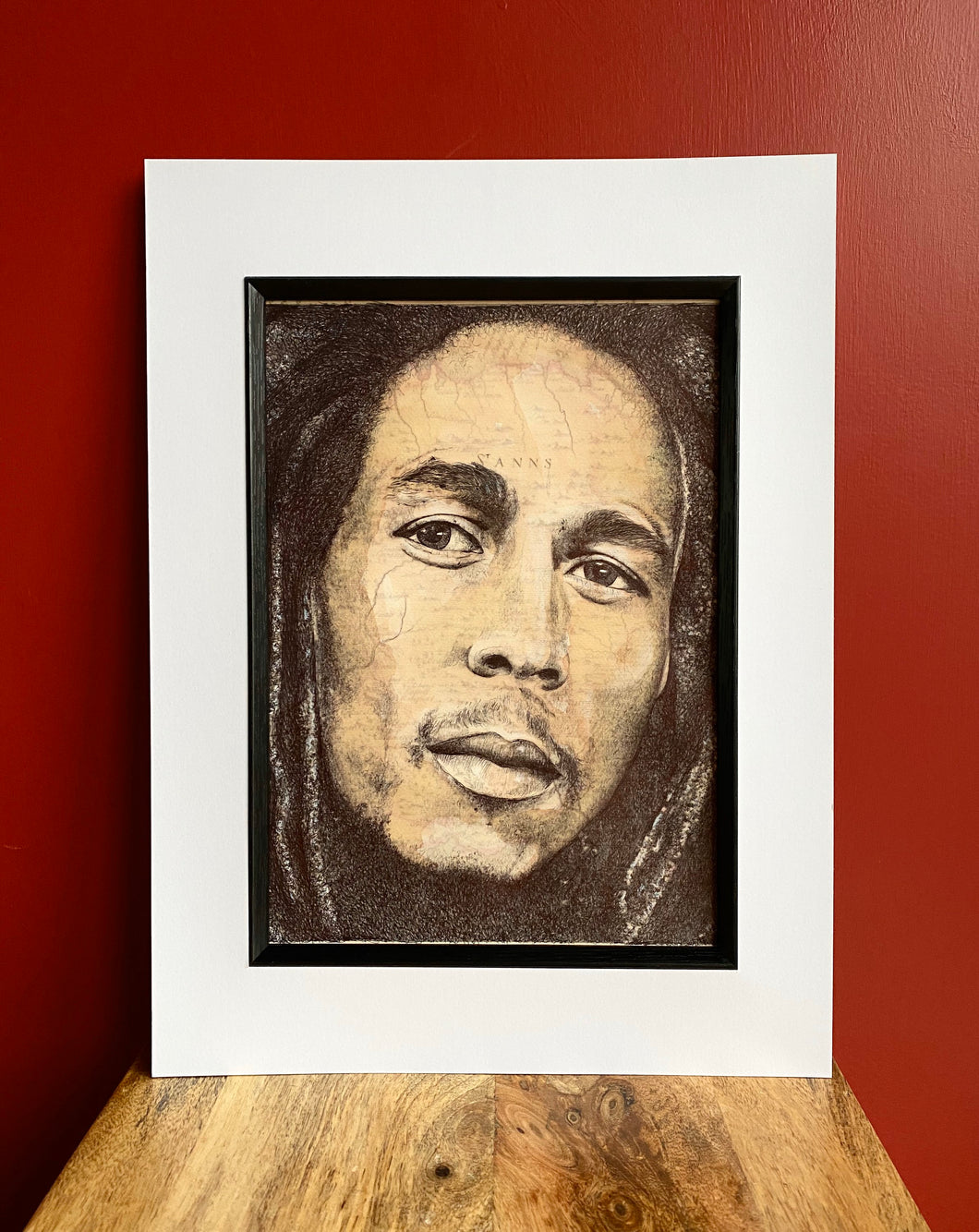 Bob Marley Portrait. Pen drawing over map of St Ann’s parish, Jamaica. A4 Print. Unframed