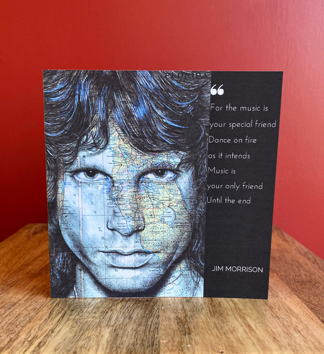 Jim Morrison/The Doors Greeting Card. Printed drawing over map of Los Angeles. Blank inside