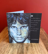 Load image into Gallery viewer, Jim Morrison/The Doors Greeting Card. Printed drawing over map of Los Angeles. Blank inside
