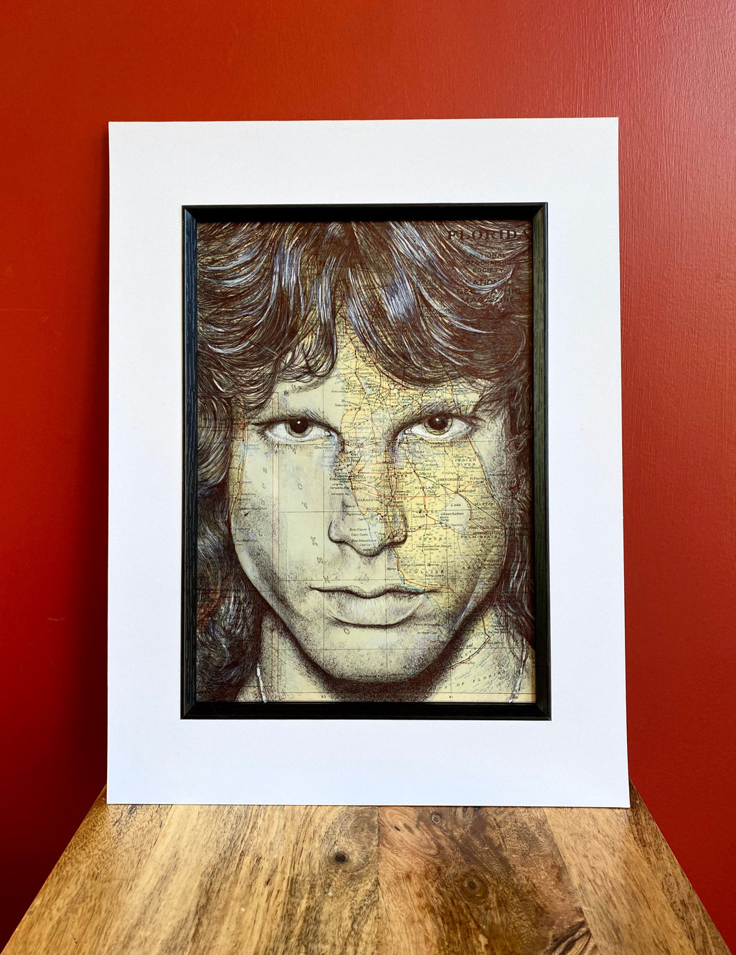 Jim Morrison Art Print. Pen drawing over a map of Los Angeles. A4 Unframed