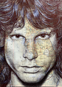Jim Morrison Art Print. Pen drawing over a map of Los Angeles. A4 Unframed