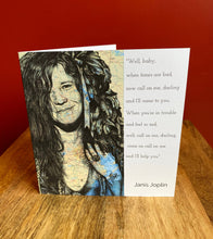 Load image into Gallery viewer, Janis Joplin Greeting Card. Printed drawing over map of Texas. Blank inside.
