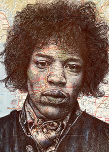 Jimi Hendrix Art Print.Pen drawing over map of Seattle. A4 Unframed