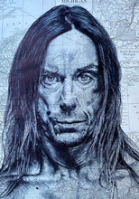 Load image into Gallery viewer, Iggy Pop Art Print. Portrait in pen over a map of Michigan. A4 Unframed.
