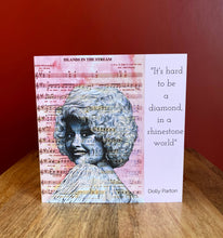 Load image into Gallery viewer, Dolly Parton Inspired Greeting Card. Printed drawing over music. Blank inside
