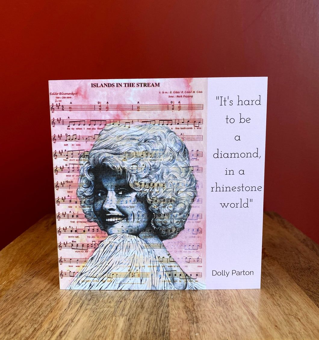Dolly Parton Inspired Greeting Card. Printed drawing over music. Blank inside