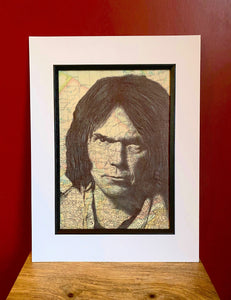 Neil Young Art Print. Pen drawing over map of Canada. A4 Unframed