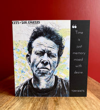Load image into Gallery viewer, Tom Waits Greeting Card. Printed drawing over a map of Los Angeles. Blank inside
