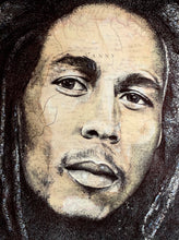 Load image into Gallery viewer, Bob Marley Portrait. Pen drawing over map of St Ann’s parish, Jamaica. A4 Print. Unframed
