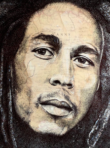 Bob Marley Portrait. Pen drawing over map of St Ann’s parish, Jamaica. A4 Print. Unframed