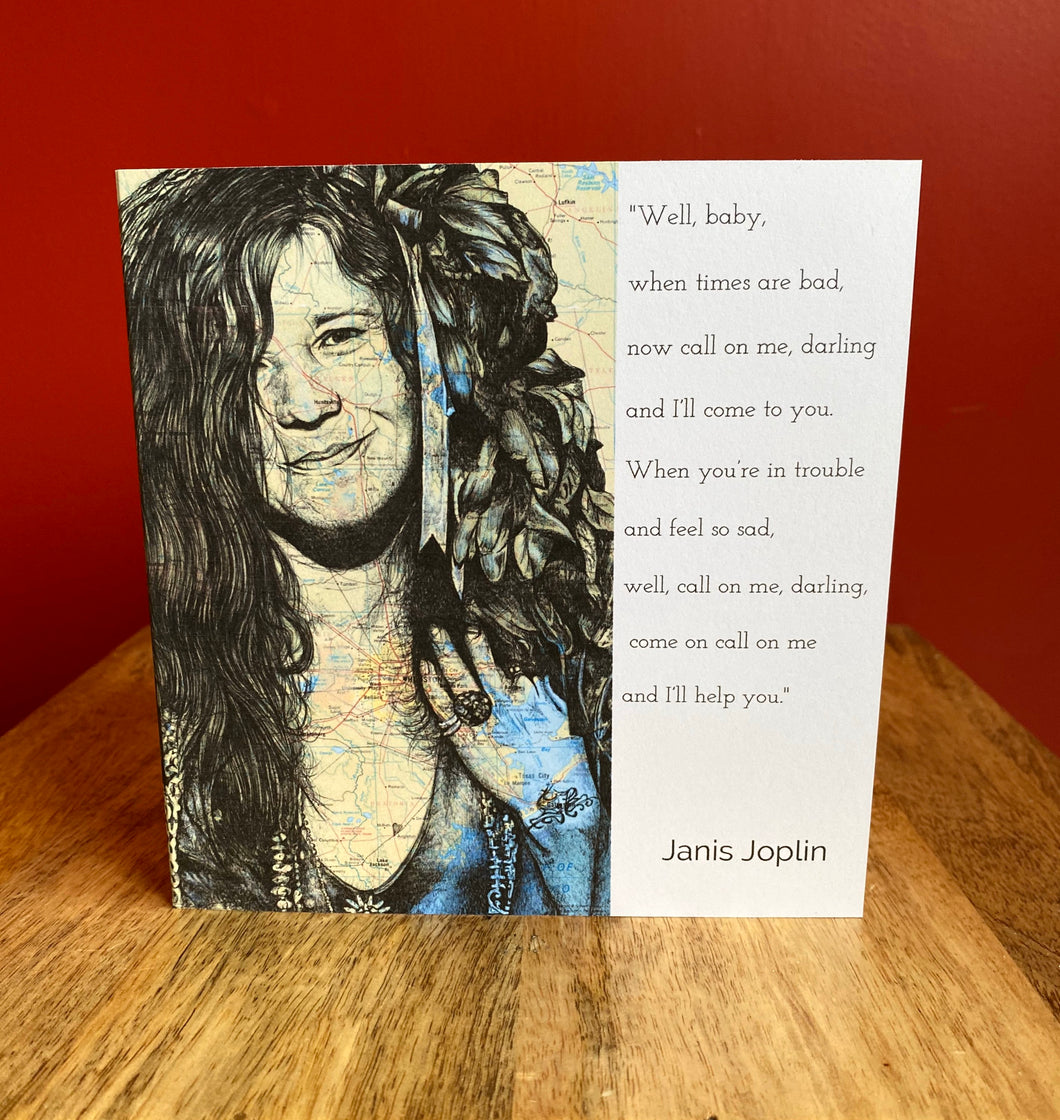 Janis Joplin Greeting Card. Printed drawing over map of Texas. Blank inside.