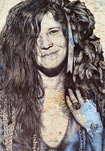 Load image into Gallery viewer, Janis Joplin Art Print. Portrait in pen over map of Texas. A4 Unframed.
