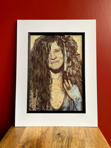 Janis Joplin Art Print. Portrait in pen over map of Texas. A4 Unframed.