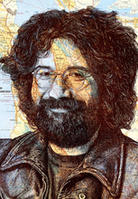 Load image into Gallery viewer, Jerry Garcia/ The Grateful Dead Greeting Card. Printed drawing over map. Blank inside
