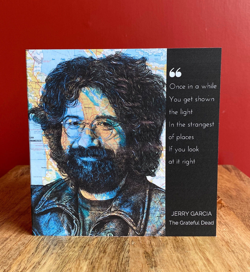 Jerry Garcia/ The Grateful Dead Greeting Card. Printed drawing over map. Blank inside