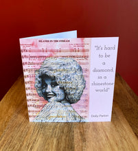 Load image into Gallery viewer, Dolly Parton Inspired Greeting Card. Printed drawing over music. Blank inside
