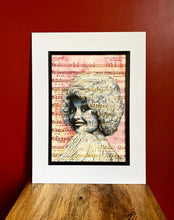 Load image into Gallery viewer, Dolly Parton Art Print. Portrait in pen over sheet music. A4 Unframed
