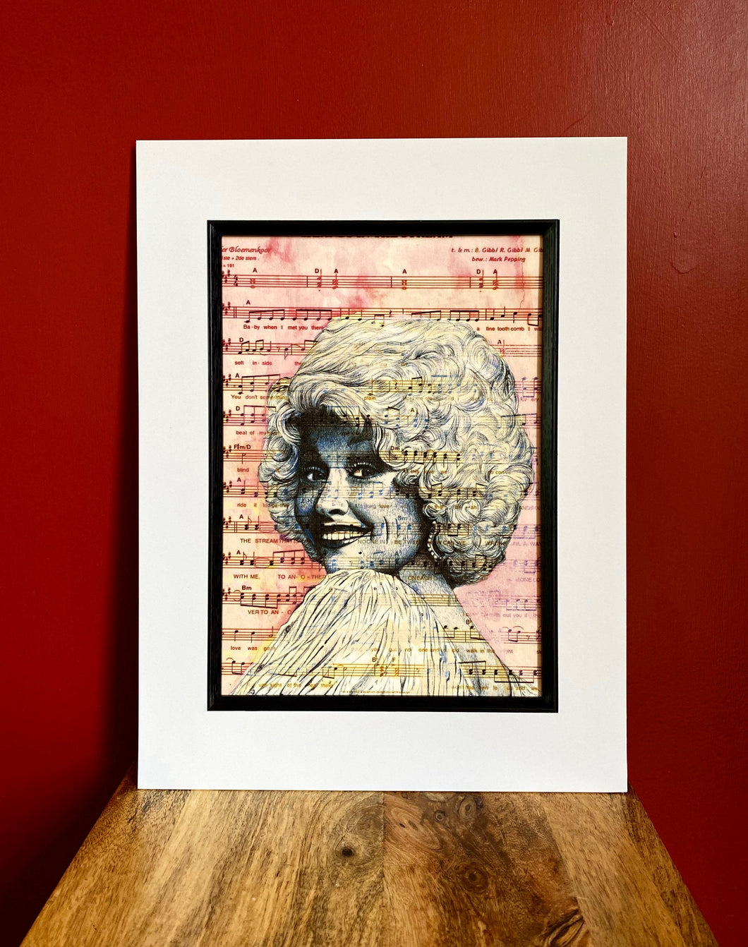Dolly Parton Art Print. Portrait in pen over sheet music. A4 Unframed