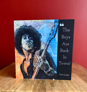 Thin Lizzy/Phil Lynott Greeting Card. Printed drawing over map of Dublin. Blank inside