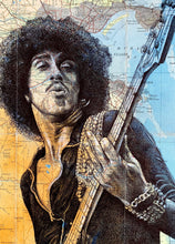 Load image into Gallery viewer, Thin Lizzy/Phil Lynott Greeting Card. Printed drawing over map of Dublin. Blank inside
