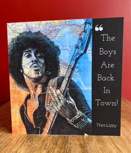 Thin Lizzy/Phil Lynott Greeting Card. Printed drawing over map of Dublin. Blank inside