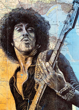 Load image into Gallery viewer, Thin Lizzy/ Phil Lynott Art Print. Pen drawing over map of Dublin. A4 Unframed.
