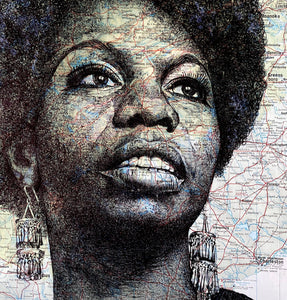 Nina Simone Art Print. Pen drawing over a map of North Carolina. 20x20cm Unframed.
