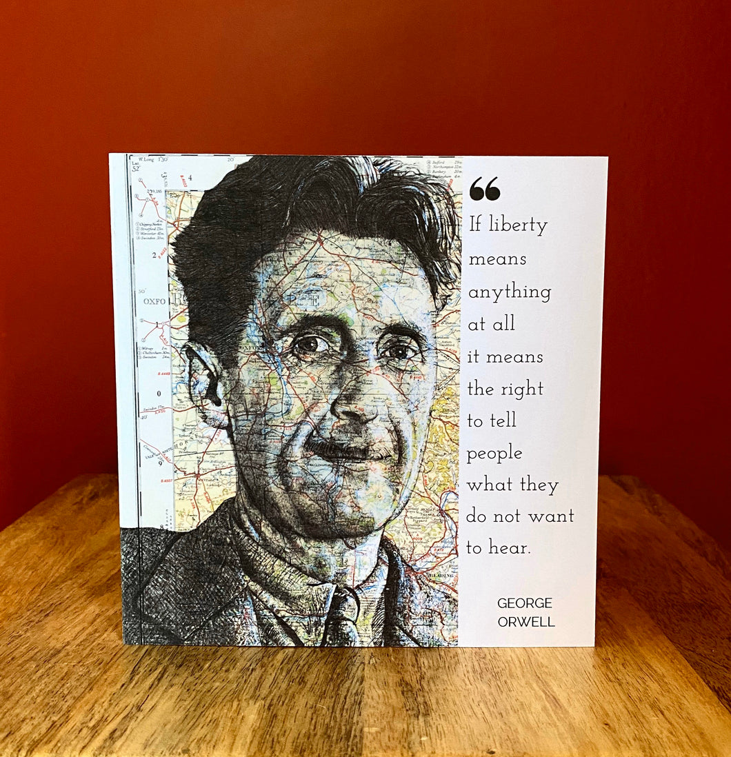 George Orwell Greeting Card. Printed Drawing Over Map of Oxfordshire. Blank inside