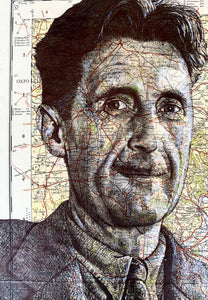 George Orwell Greeting Card. Printed Drawing Over Map of Oxfordshire. Blank inside