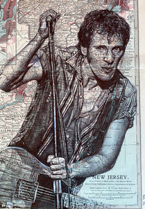 Bruce Springsteen Art Print. Pen drawing over map of New Jersey. A4 Unframed.