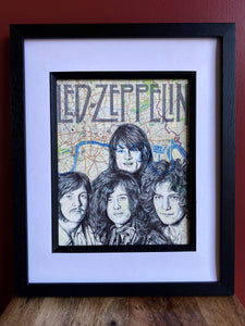 Led Zeppelin Inspired Art Print. Pen drawing over map of London. 20x20cm Print.Unframed