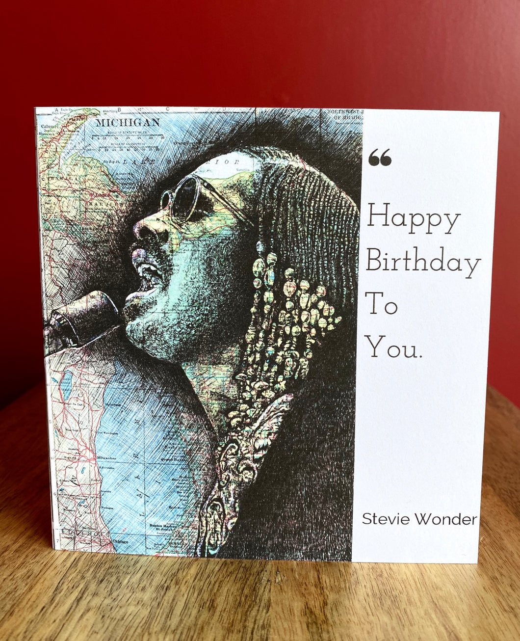 Stevie Wonder Happy Birthday Card. Printed drawing over map of Michigan. Blank inside