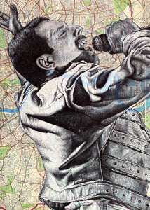 Freddie Mercury/ Queen Greeting Card. Printed Drawing Over Map of London. Blank inside