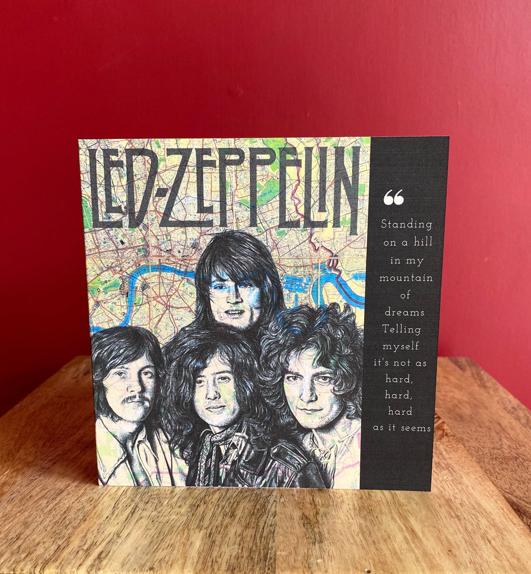Led Zeppelin inspired Greeting card. Printed drawing over map of London. Blank inside
