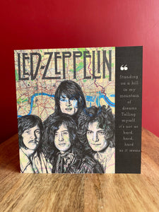 Led Zeppelin inspired Greeting card. Printed drawing over map of London. Blank inside