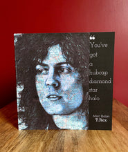 Load image into Gallery viewer, Marc Bolan/ T.Rex Band Greeting Card. Printed drawing over map of London. Blank inside.
