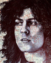 Load image into Gallery viewer, Marc Bolan/ T.Rex Band Greeting Card. Printed drawing over map of London. Blank inside.
