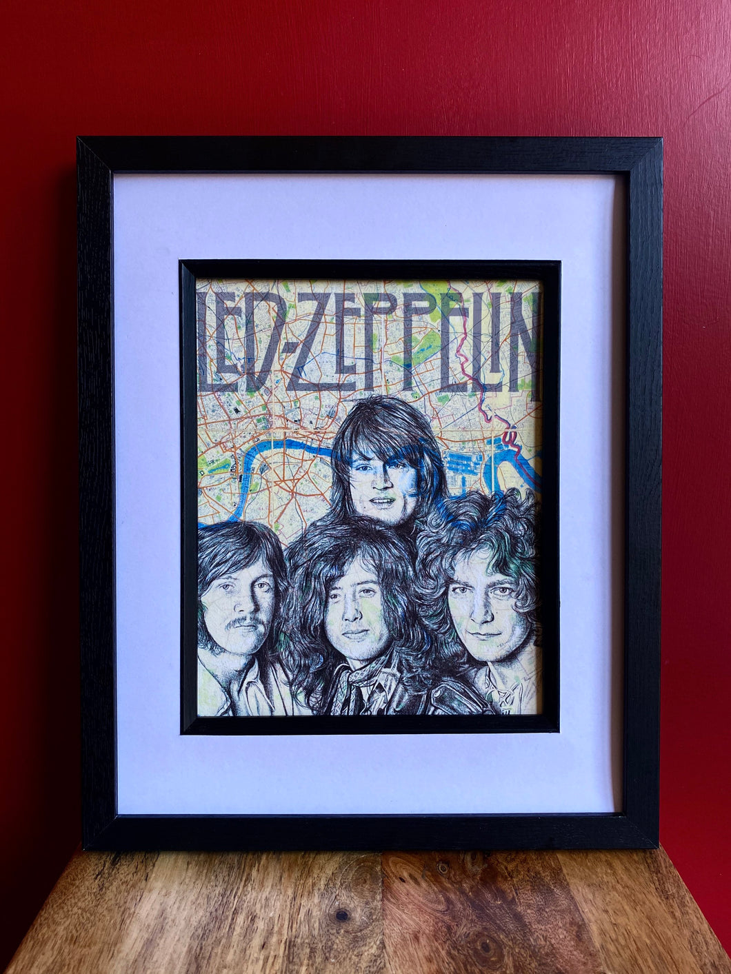 Led Zeppelin Inspired Art Print. Pen drawing over map of London. 20x20cm Print.Unframed