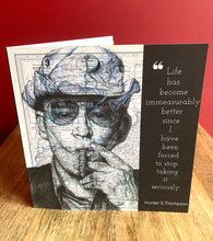 Load image into Gallery viewer, Hunter S Thompson Greeting Card. Printed drawing over map. Blank inside
