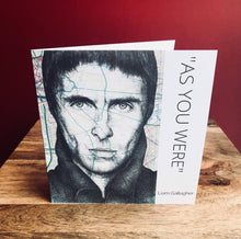 Load image into Gallery viewer, Liam Gallagher Birthday/ Greeting card.Printed drawing over map of Manchester.Blank inside.
